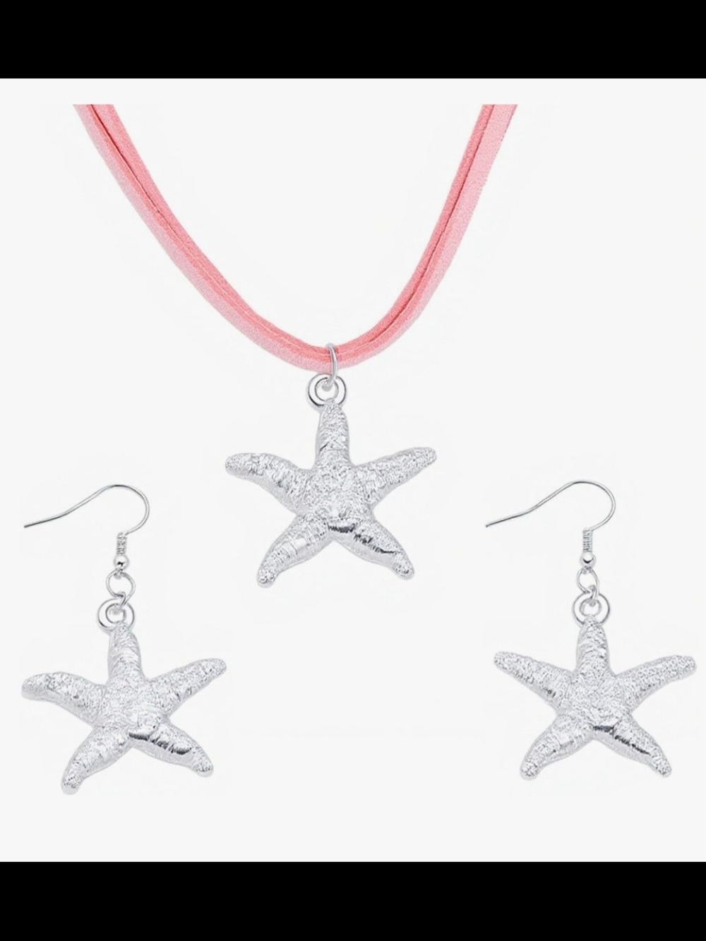 Silver Starfish Pendant Necklace and Earring Set with Pink Cord